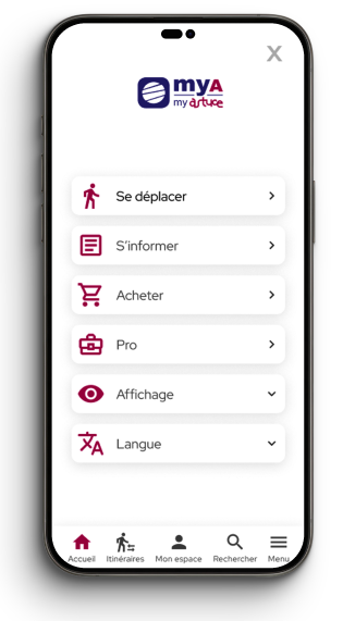 Portable affichant le menu du site Réseau du transport ASTUCE en version responsive